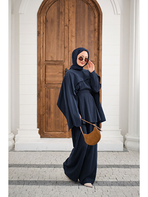 Locco Moda Kadın Beli Pileli Çıkarılabilir Pelerinli Takım Lacivert - S000511215-21164