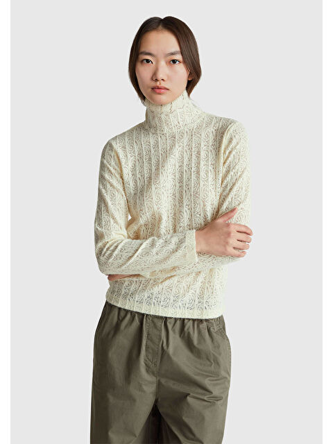 United Colors Of Benetton Kadın Krem Desenli Dik Yaka Bluz - S000481974-19966