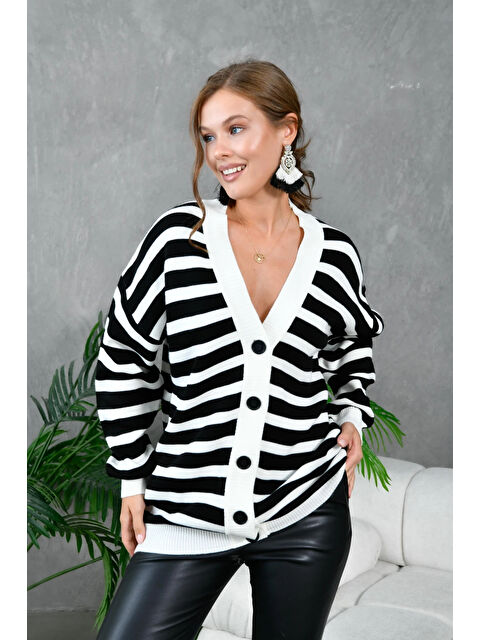 carla10 Kadın Bilek Etek Ve Banları Fitilli Çizgi desenli Triko Hırka - S000498320-19351