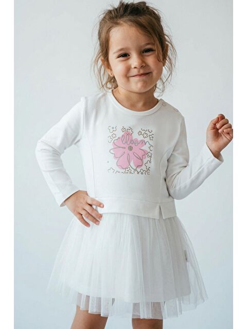 Breeze Kız Çocuk Uzun Kollu Elbise Çiçek Baskılı Tüllü Ekru (2-6 Yaş)