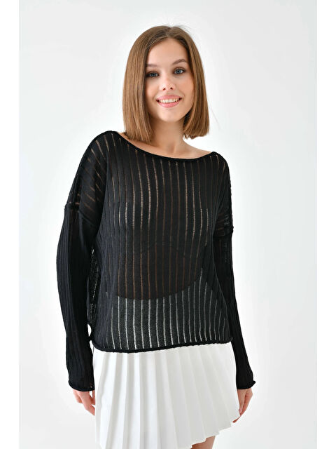 carla10 Kadın Kayık Yaka Örgü Detay Salaş Triko Kazak - S000498321-19351