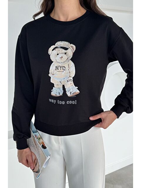 Gülseli Kadın Bisiklet Yaka Baskılı Taş İşlemeli Sweatshirt - S000470157-19351