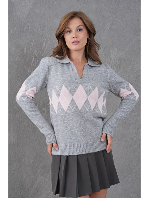 carla10 Kadın Polo Yaka Desenli Yarım Pat Triko Kazak - S000498322-20600