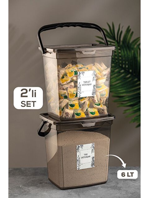 Meleni Home 2'li Etiketli 6 lt Deterjan Saklama Kabı Kulplu Tablet Deterjan Saklama Kutusu Antrasit - S000382742-29666