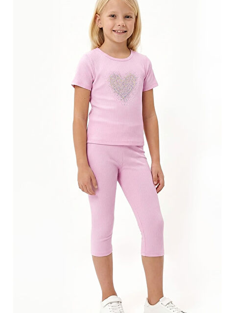 Modanino Kız Çocuk Taş İşlemeli Kalp Desenli Alt-Üst Takım 4-12 Yaş 12562