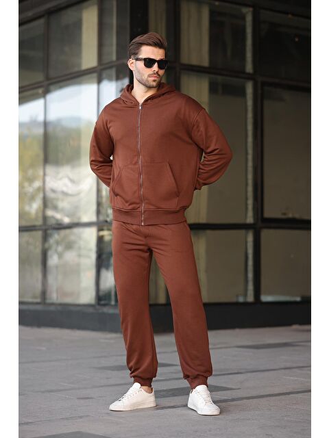 Madmext Acı Kahverengi Kapüşonlu Fermuarlı Basic Erkek Eşofman Takımı E7331 - S000457812-28102