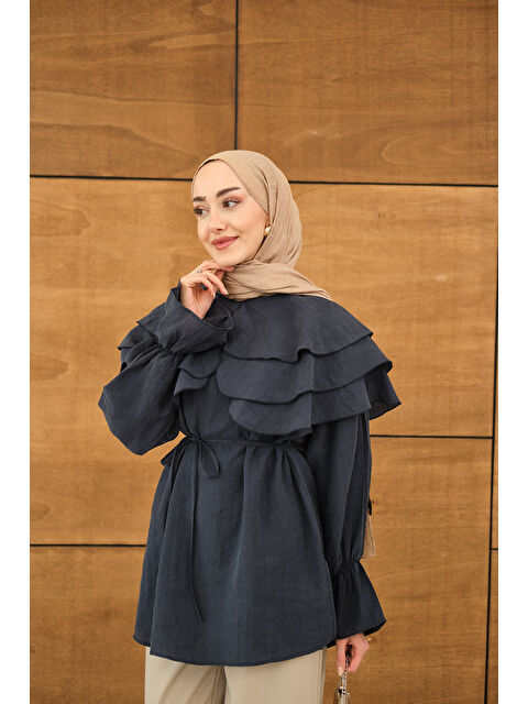 Locco Moda Kadın Geniş Katlı Yaka Bel Bağlamalı Tunik Lacivert - S000529913-21164