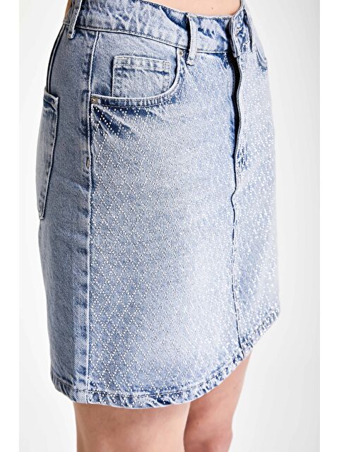 It's Basic Kadın Jean Renk T4S5-67 Parlak Taşlı Tasarım Denim Etek - S000341912-17234
