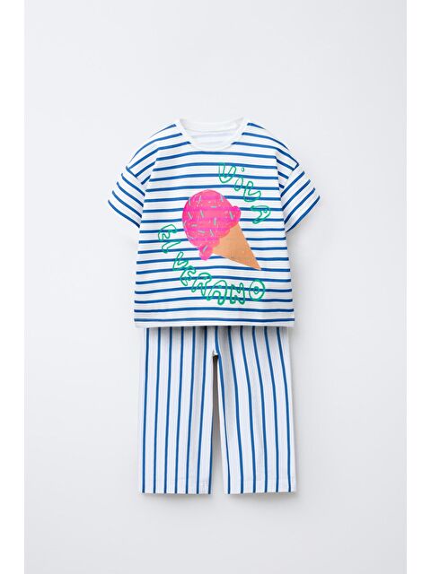 Magu Kız Çocuk Pamuklu Çizgili Dondurma Baskılı Tişört Eşofman Takım