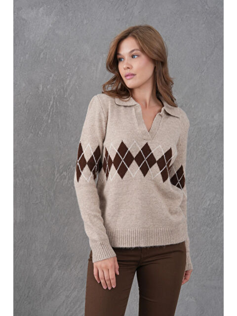 carla10 Kadın Polo Yaka Desenli Yarım Pat Triko Kazak - S000498322-26429