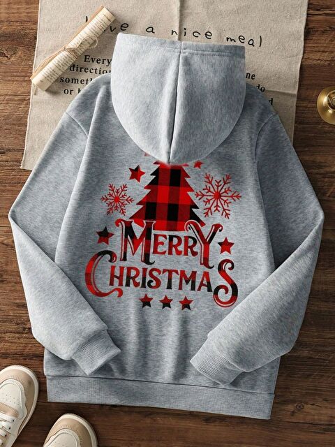 Trendseninle Gri Red Çam  Baskılı Oversize Kapüşonlu Sweatshirt Uzun Kollu Yılbaşı Temalı Hoodie - S000473710-20600