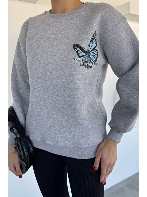 Gülseli Kadın Ön Ve Sırt Kelebek Baskılı Üç İplik Şardonlu Bisiklet Yaka Sweatshirt - S000470160-20600