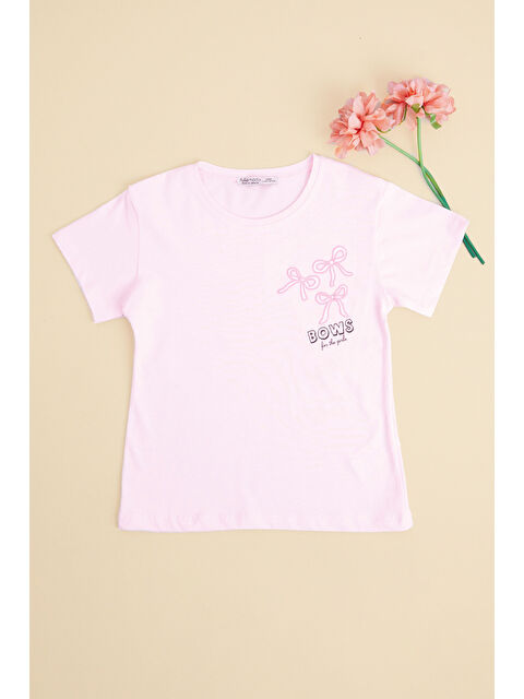 Fullamoda Fiyonk Nakışlı Bisiklet Yaka Kız Çocuk Tişört - S000532069-20024