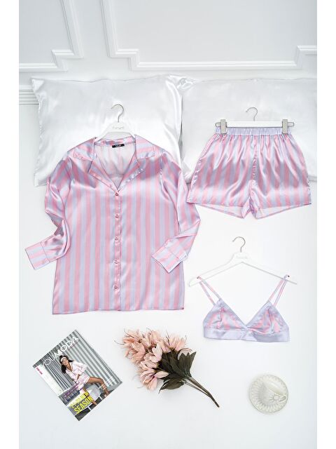 For You Moda 3'Lü Bustiyerli Çizgili Lila Pijama Şort Takım - S000513299-17878