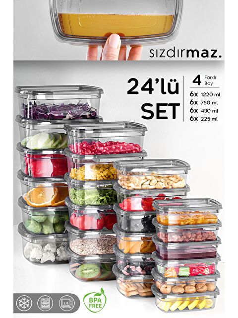 Meleni Home 24'lü Sızdırmaz Saklama Kabı Seti Düzenleyici Organizer Erzak Kabı 6x 225 430 750 1220 ml Antrasit - S000382764-29666