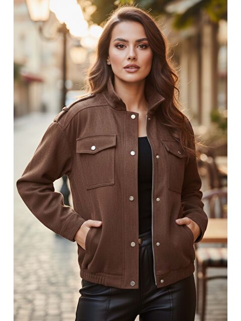 Tofisa Çift Cepli Beli Lastikli Süet Ceket Kahve - 28091-KAHVE - S000495256-19413