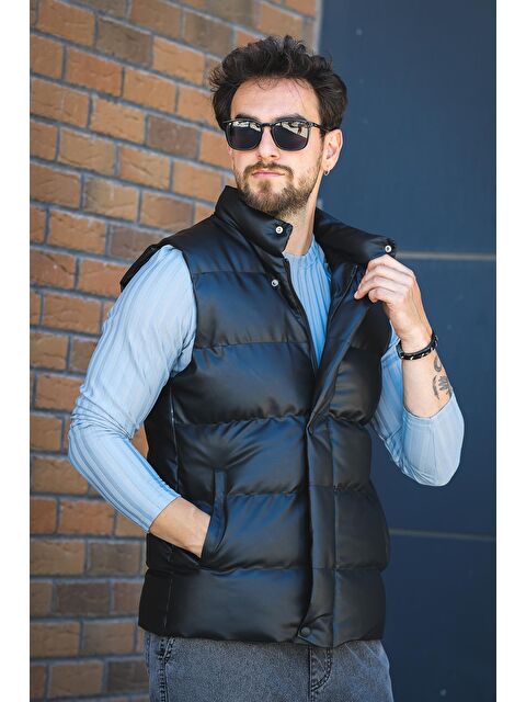 Oksit Oxfo Suya Dayanıklı Cepli Dik Yaka Erkek Şişme Deri Yelek - S000437662-19351