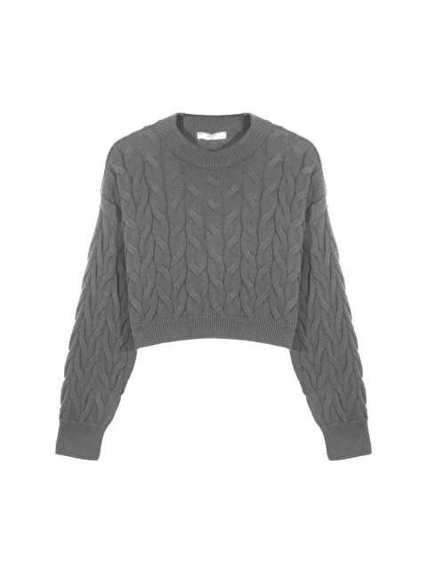 Sherin Gri Melanj Saç Örgülü Crop Triko Kazak - S000291254-74