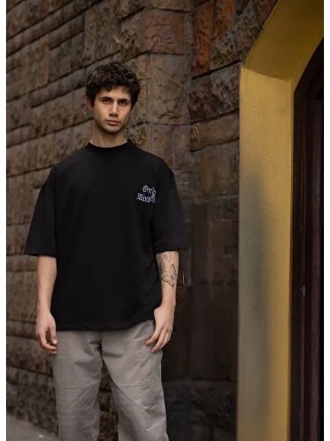 Jane's Unisex Bisiklet Yaka Baskılı Oversize T-Shirt - Siyah