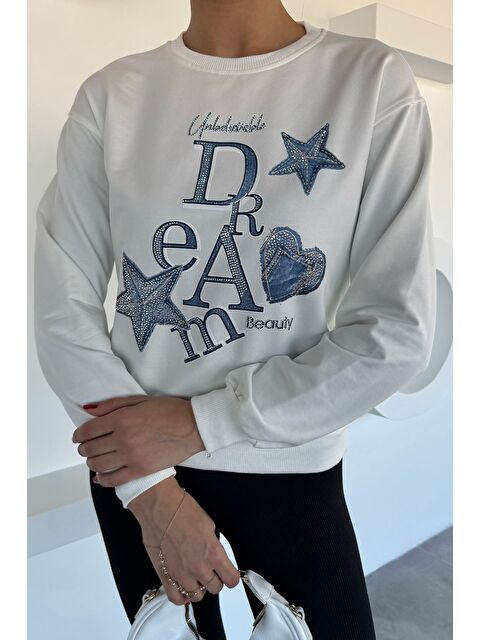 Gülseli Kadın Bisiklet Yaka Baskılı Taş İşlemeli Sweatshirt - S000470162-19966