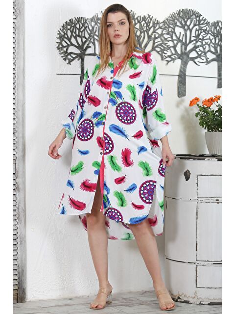 Chiccy Beyaz-Bordo Gömlek Yaka Uzun Kol Düğmeli Gizli Cepli Allover Baskılı Dokuma Casual Elbise - S000358946-37224