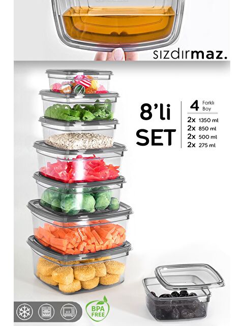 Meleni Home 8 li Kare Sızdırmaz Saklama Kabı Seti Düzenleyici Erzak Kabı 2x 275 500 850 1350 ml Antrasit - S000382766-29666