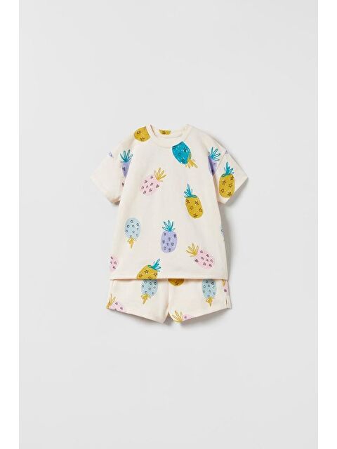 Magu Unisex Çocuk Pamuklu Ekru Ananas Desenli T-Shirt Şort Takım - Yazlık İkili Set - S000517386-19965