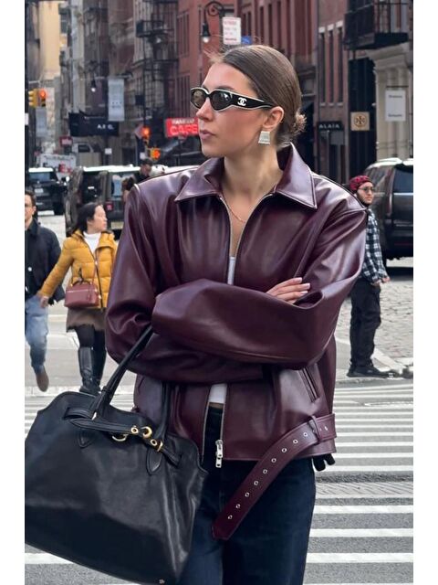 Madmext Bordo Kemerli Suni Deri Kadın Ceket Mg2548 - S000457813-19951