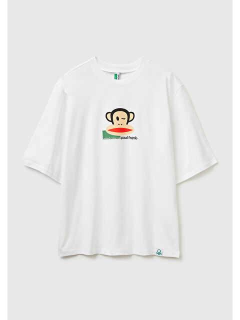 United Colors Of Benetton Erkek Beyaz  %100 Pamuk Paul Frank Baskılı Bisiklet Yaka T-Shirt