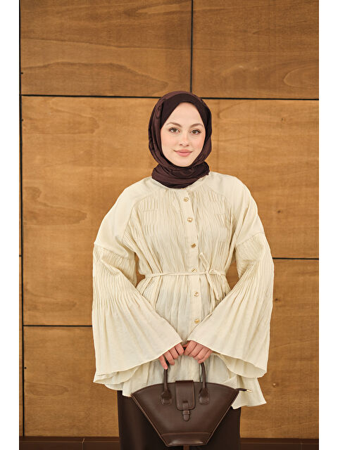Locco Moda Kadın Martha Düğmeli Belden Bağlamalı Gömlek Krem - S000529915-19966