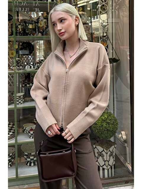 Madmext Bej Çift Fermuarlı Dik Yaka Kadın Triko Hırka Mg2505 - S000457816-19928