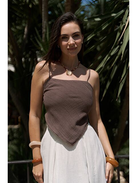 Bohemai Kita Üçgen Detay Çizgili Kahve Keten Crop - S000513304-19413