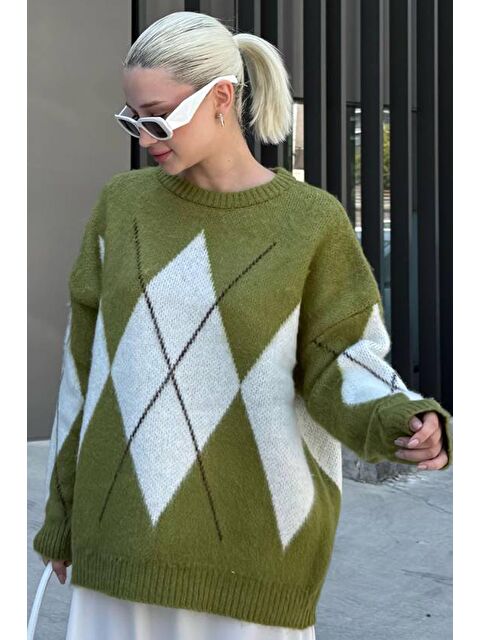 Madmext Yağ Yeşili Bisiklet Yaka Baklava Desen Kadın Kazak Mg2471 - S000437759-18194