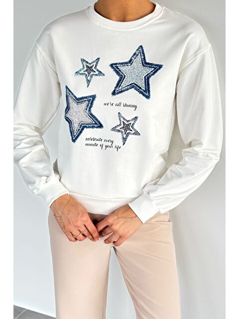 Gülseli Kadın Bisiklet Yaka Baskılı Taş İşlemeli Sweatshirt - S000470168-19966