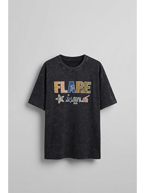 Abluka Online Erkek Oversize Patchwork Nakışlı T-Shirt Siyah