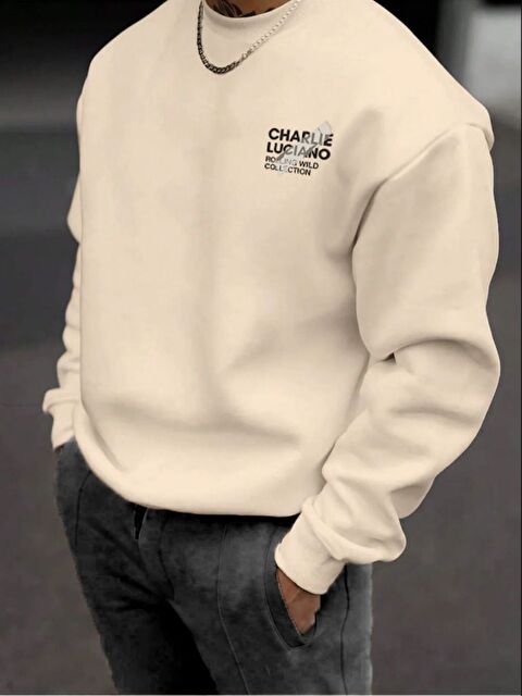 Trendseninle Erkek Bej Luciano Baskılı Oversize Uzun Kollu Sweatshirt - S000448833-19928