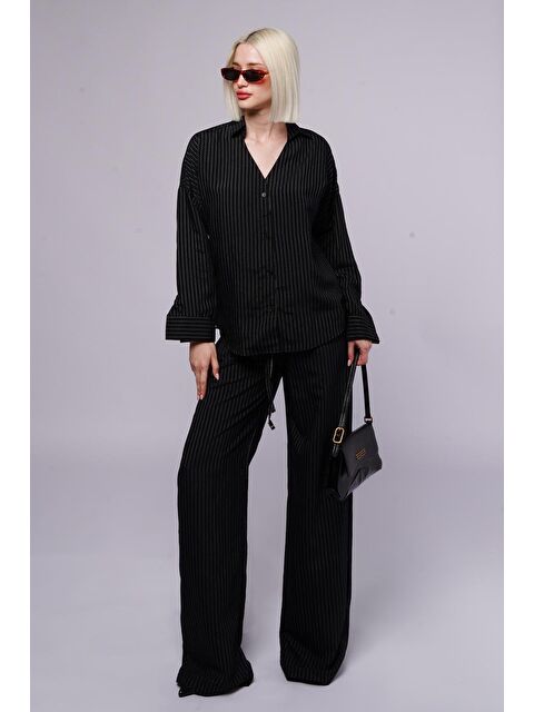 Madmext Siyah Uzun Kollu Çizgili Gömlek Pantolon İkili Takım Mg2329 - S000361767-19351