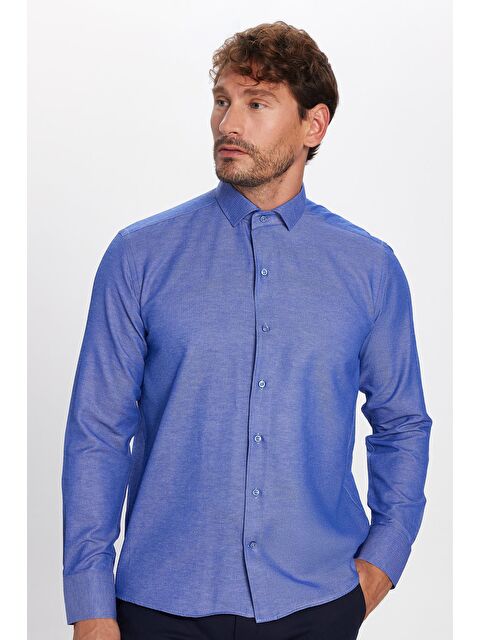 TUDORS Erkek Regular Fit Klasik Kesim Pamuklu Kolay Ütü Armürlü Saks Mavi Gömlek - S000345557-23710