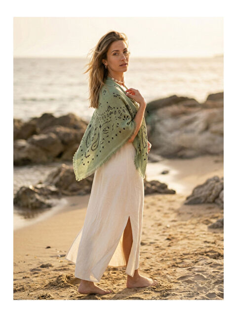 Luminos Butik Yeşil Kujten Desenli Pamuklu Şal SAL1401 YESIL - S000522583-18194