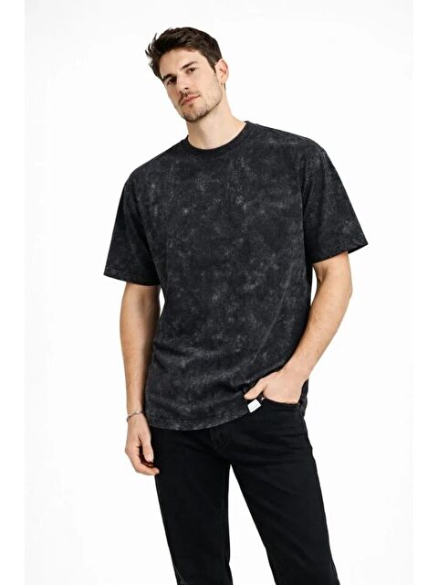 Jane's Erkek Asit Yıkama Bisiklet Yaka Kısa Kollu Oversize T-Shirt Tişört - Siyah