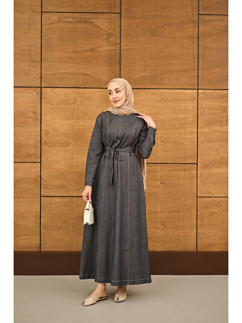 Locco Moda Kadın Dikiş Detay Bel Bağlamalı İnce Jean Elbise Antrasit