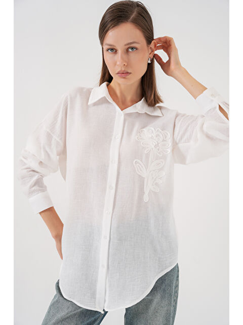 Bigdart Kadın Nakışlı Oversize Gömlek 20338 - Beyaz - S000440232-20063