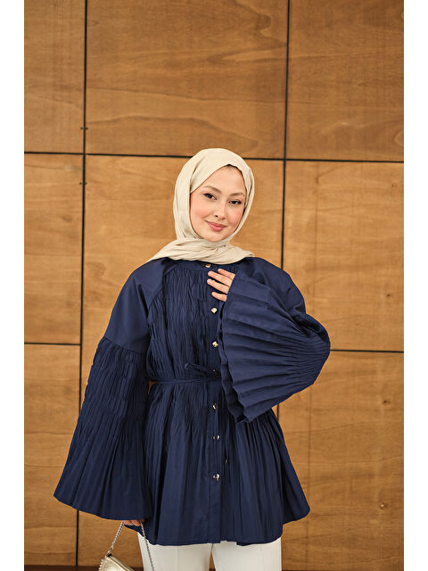 Locco Moda Kadın Martha Düğmeli Belden Bağlamalı Gömlek Lacivert - S000529915-21164