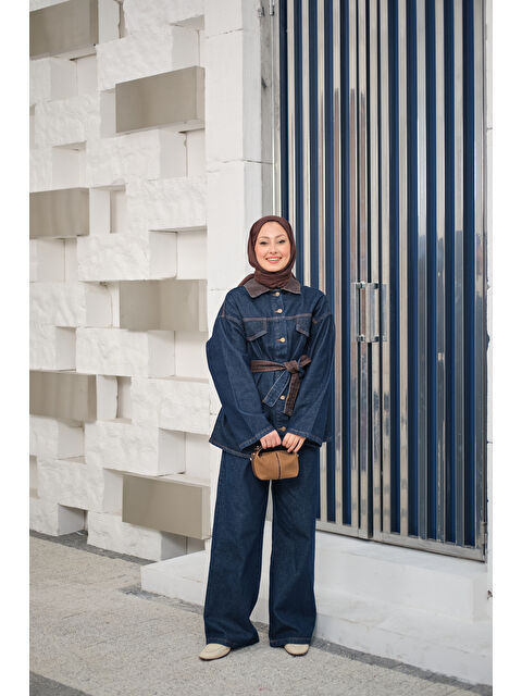 Locco Moda Kadın Garnili Yaka Detay Jean Takım Lacivert - S000511221-21164