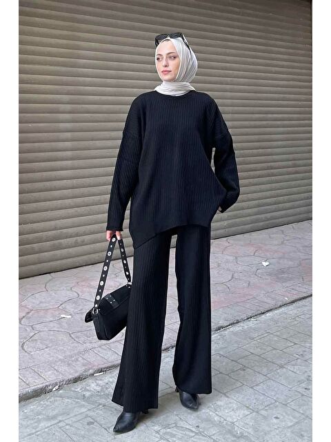 Lamelif Tabata Fitilli Tesettür Takım Siyah - S000515417-19351