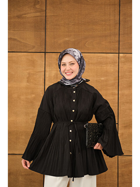 Locco Moda Kadın Martha Düğmeli Belden Bağlamalı Gömlek Siyah - S000529915-19351