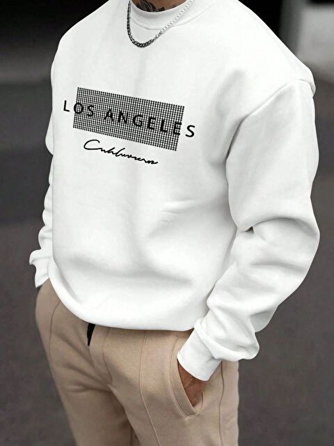 Trendseninle Erkek Beyaz Node LosAngeles Baskılı Oversize Uzun Kollu Sweatshirt - S000473712-20063