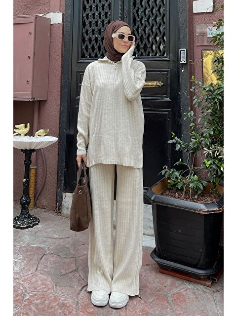 Lamelif Fermuar Detaylı Pantolon Tesettür Takım Krem - S000515413-19966