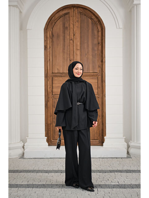 Locco Moda Kadın Önü Pile Detay Kemerli Takım Siyah - S000511222-19351