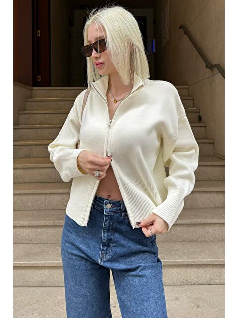 Madmext Ekru Çift Fermuarlı Dik Yaka Kadın Triko Hırka Mg2505 - S000457816-19965